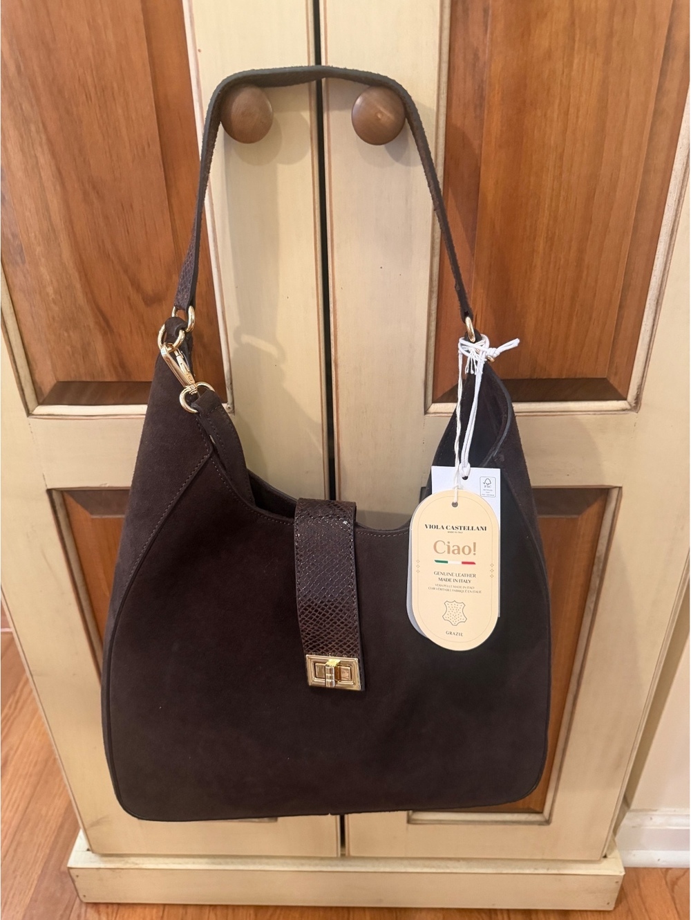 Viola Castellani Genuine Leather Brown Suede Shoulder Bag Made in Italy